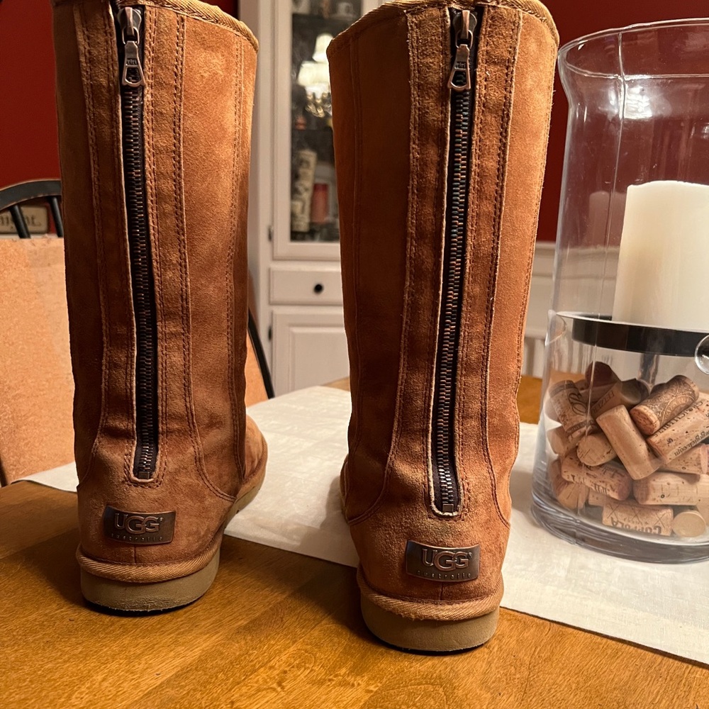 UGG Tall Zip-Back Suede Boots in Chestnut Brown
